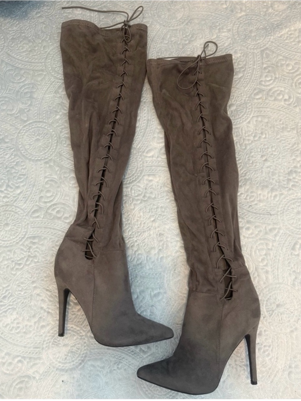 Suede Over the Knee Lace Up Thigh High High Heel Boots